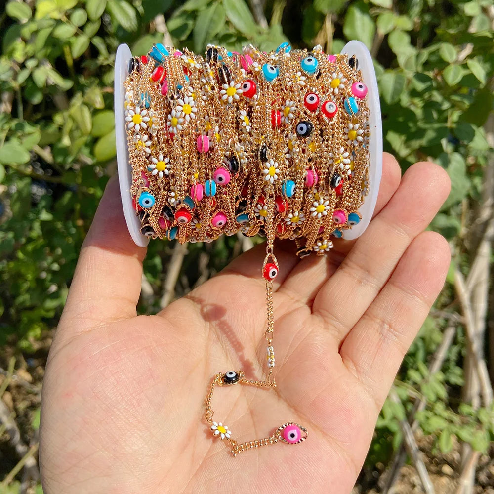 Colorful Evil Eye Beads Chains Stainless Steel Link Pearl Beaded Chains Turkey Eye Link Chain for Necklace Making Jewelry DIY