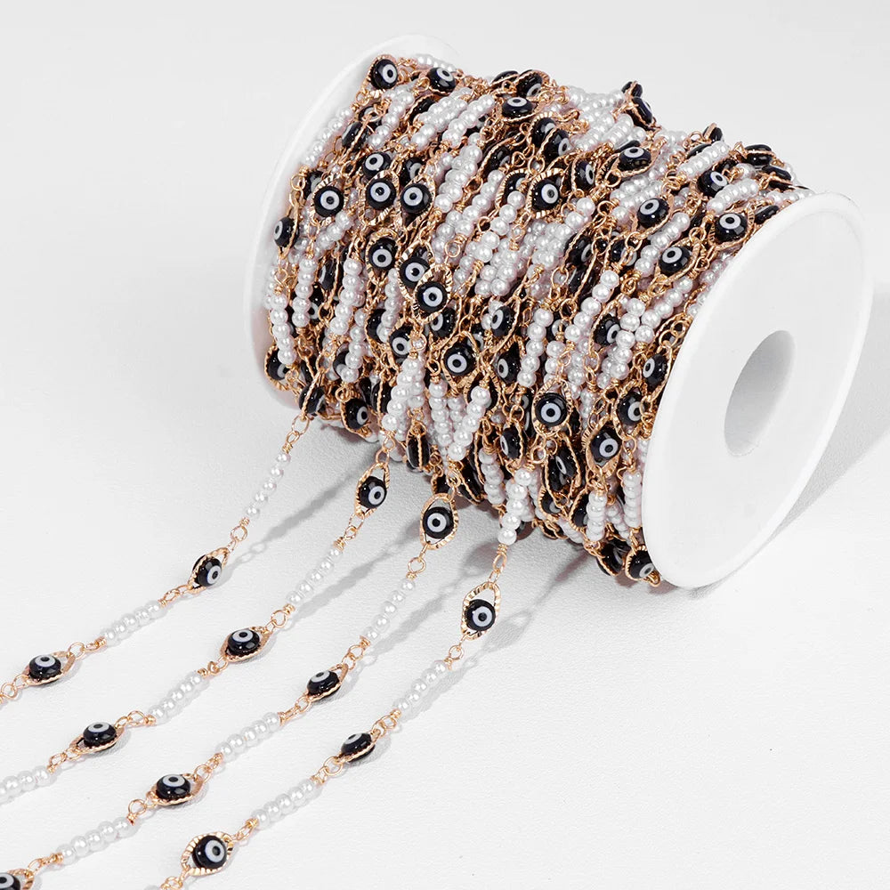 Colorful Evil Eye Beads Chains Stainless Steel Link Pearl Beaded Chains Turkey Eye Link Chain for Necklace Making Jewelry DIY