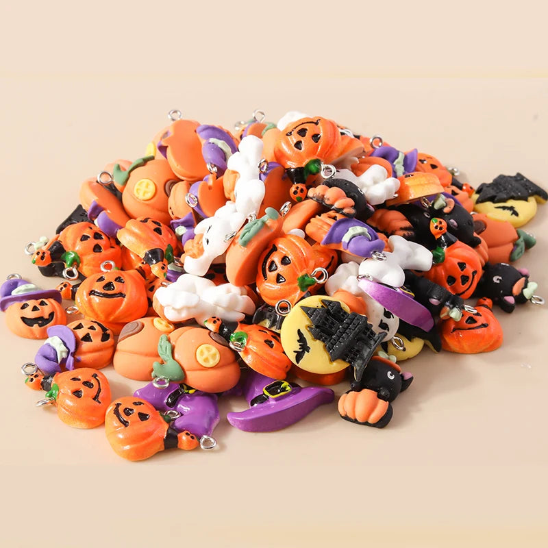Leslie 10Pcs New Resin Halloween Charms Kawaii Cat Spider Castle Ghost Pumpkin Charms Pendants Decor DIY Earring Jewelry Making