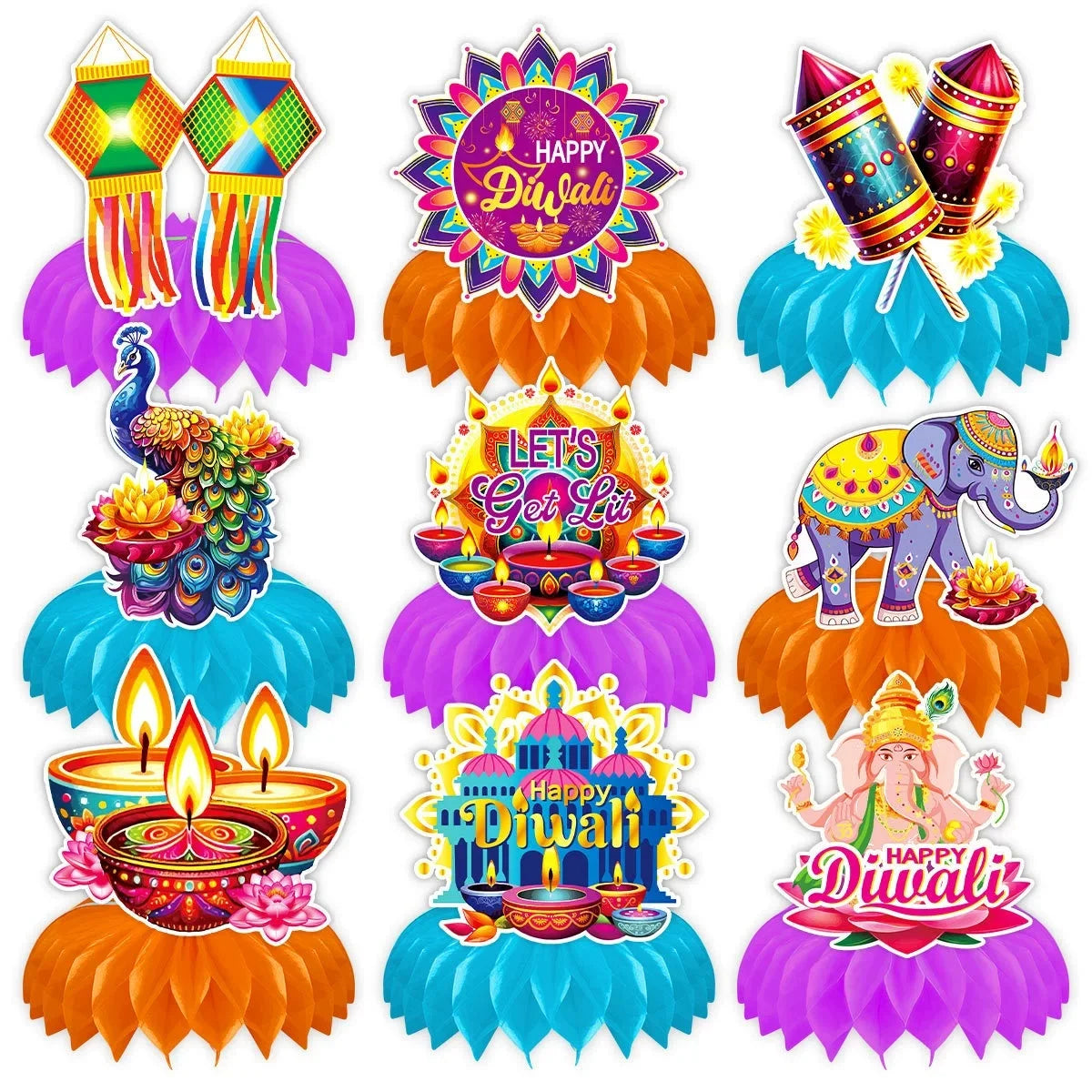 Happy Diwali Party Honeycomb Table Decoration Diwali Elephant Peacock Ornaments Happy Festival of Lights Party Decor