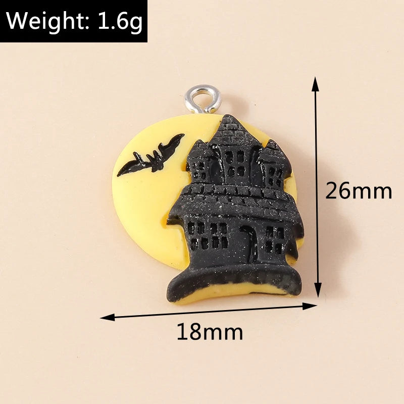 Leslie 10Pcs New Resin Halloween Charms Kawaii Cat Spider Castle Ghost Pumpkin Charms Pendants Decor DIY Earring Jewelry Making
