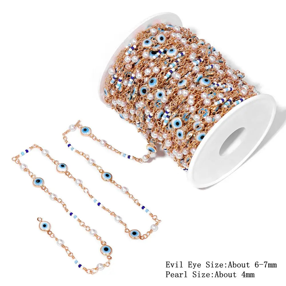 Colorful Evil Eye Beads Chains Stainless Steel Link Pearl Beaded Chains Turkey Eye Link Chain for Necklace Making Jewelry DIY
