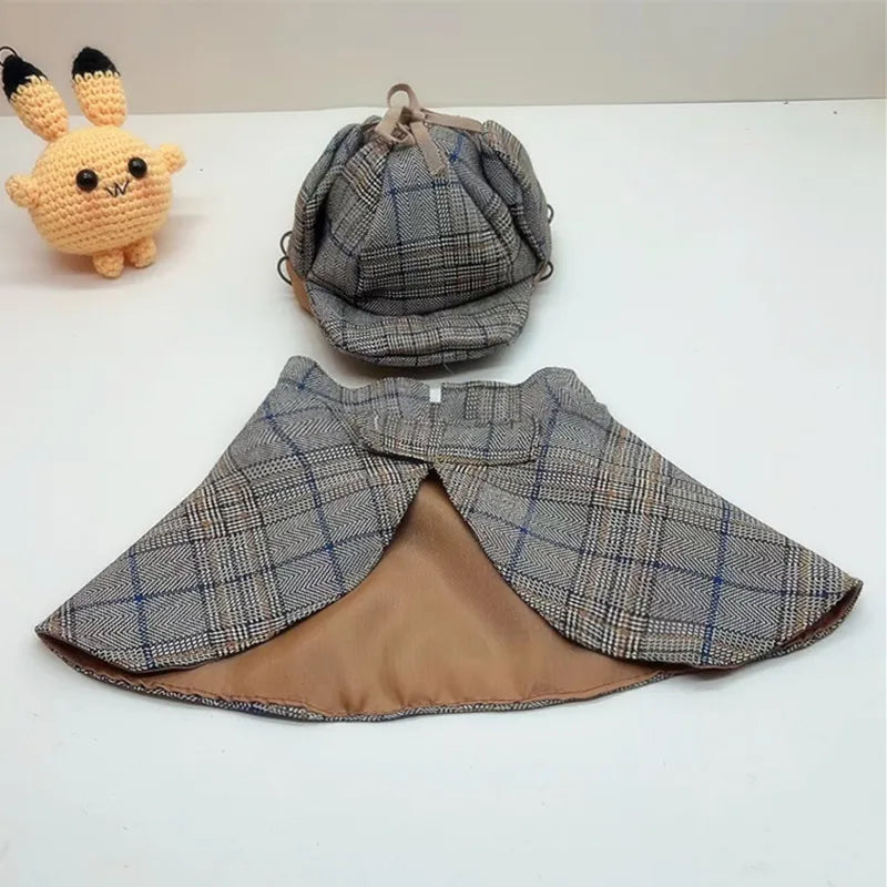 Pet Detective Transformation Cloak Hat Set Cat Dog Checkered Halloween Dress Up Funny Cloak Coat Puppy Clothes for Small Dogs