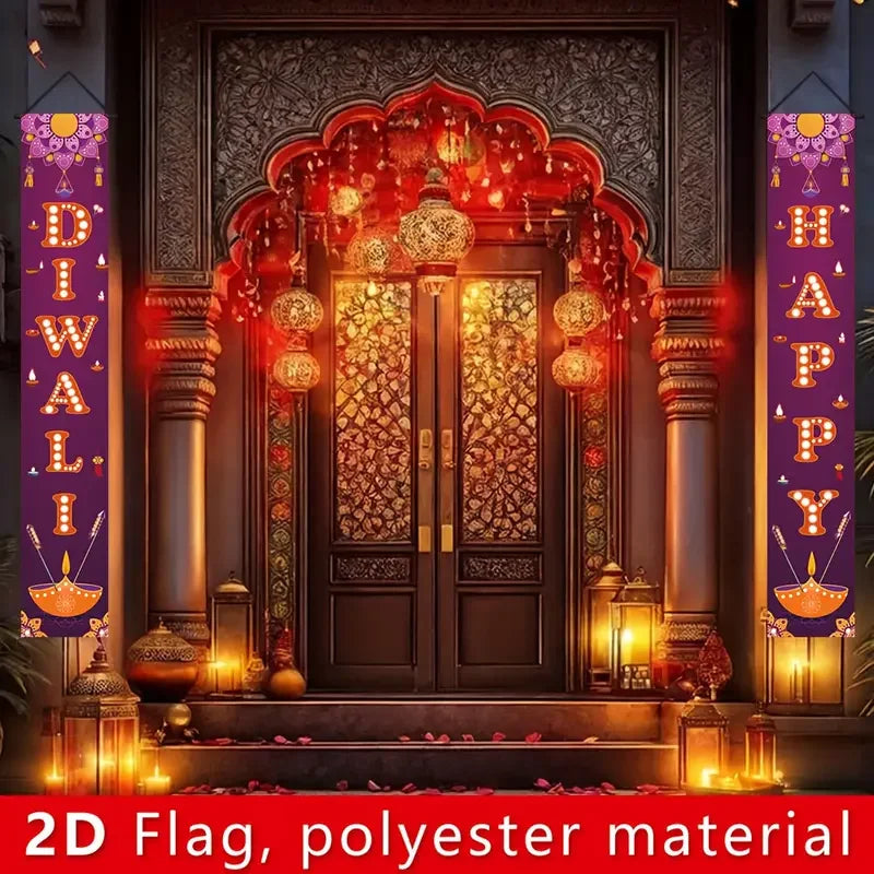 VIKAMA2pcs Purple Diwali Festival Door Banner Set for Festive Party Decorations and Entrance Ornaments with Couplets