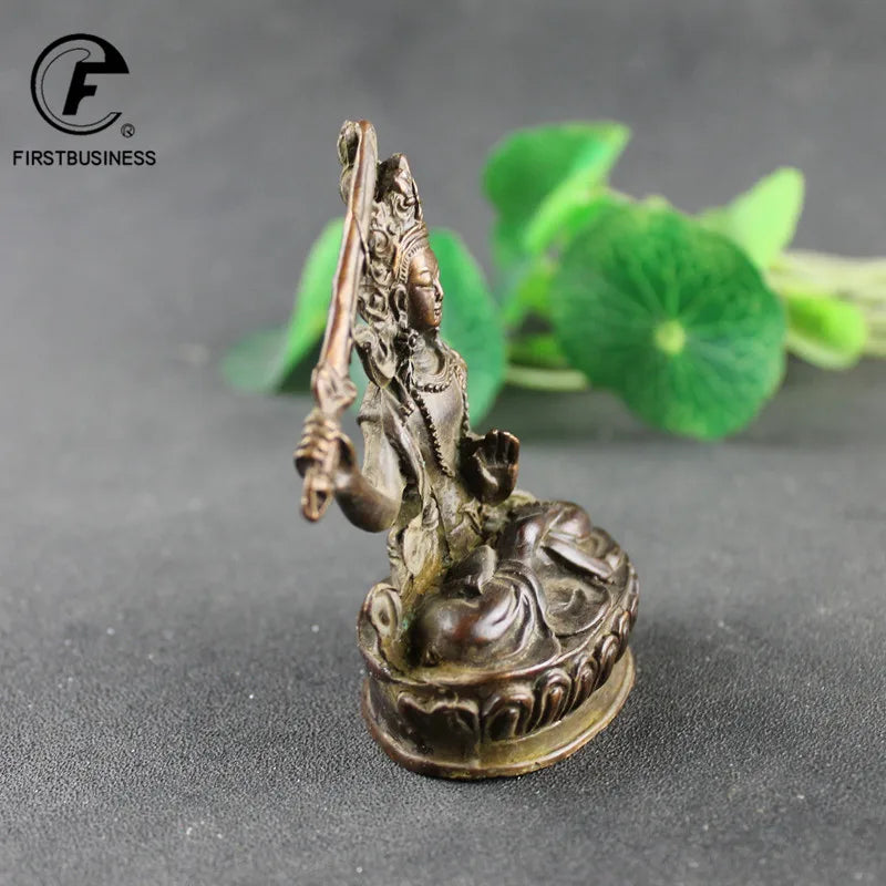 Antique Copper Tibetan Buddhism Holding Sword Manjushri Bodhisattva Buddha Statue China Crafts Collection Home Desktop Ornaments