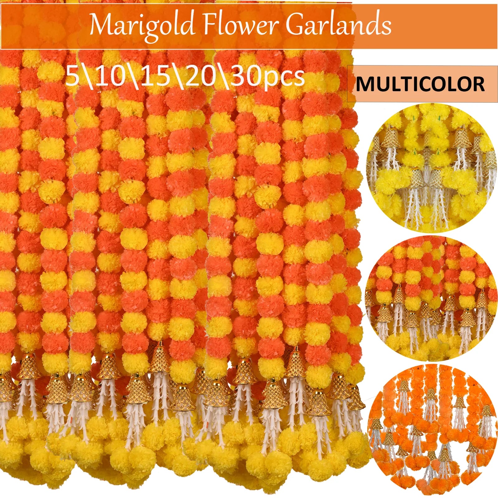 5-50pcs Marigold Flower Garlands 5 Ft Artificial Flower Garland Indian Décor,Pooja, Diwali, Fiesta Day of The Dead, Mexican Par