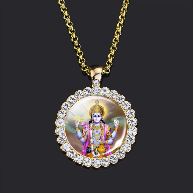 Shiva Parvati Necklace Hindu God Jewelry Vishnu Lakshmi Glass Rhinestone Pendant Chain Necklace Hinduism Jewelry