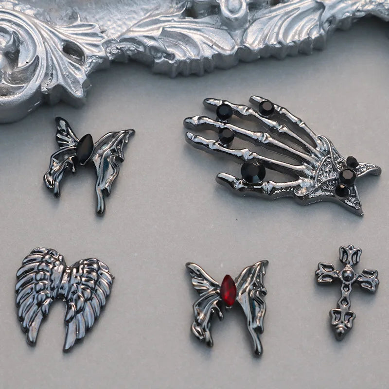 10PCS Black Iron Cross Skull Nail Charms Parts Butterfly Wing Accessories Halloween Nail Art Decoration Design Supplies Material