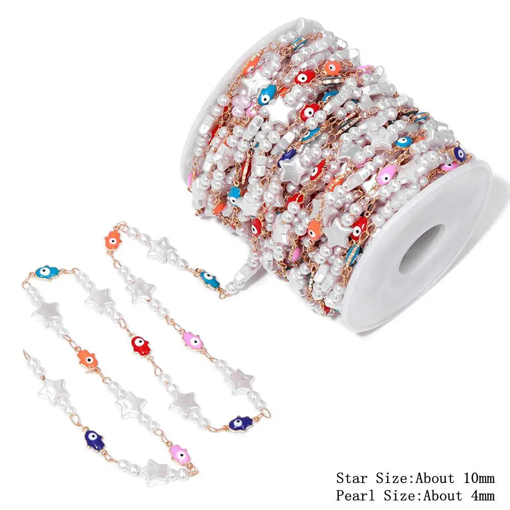 Colorful Evil Eye Beads Chains Stainless Steel Link Pearl Beaded Chains Turkey Eye Link Chain for Necklace Making Jewelry DIY
