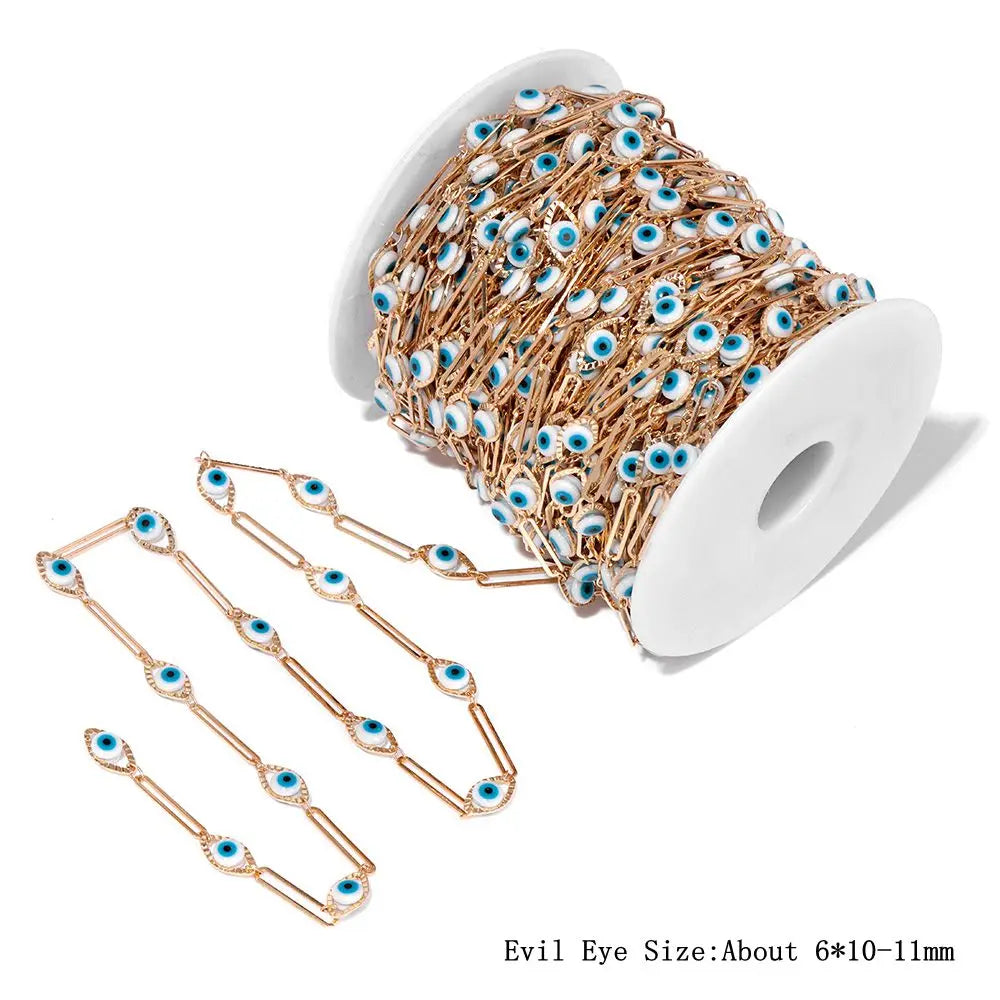 Colorful Evil Eye Beads Chains Stainless Steel Link Pearl Beaded Chains Turkey Eye Link Chain for Necklace Making Jewelry DIY