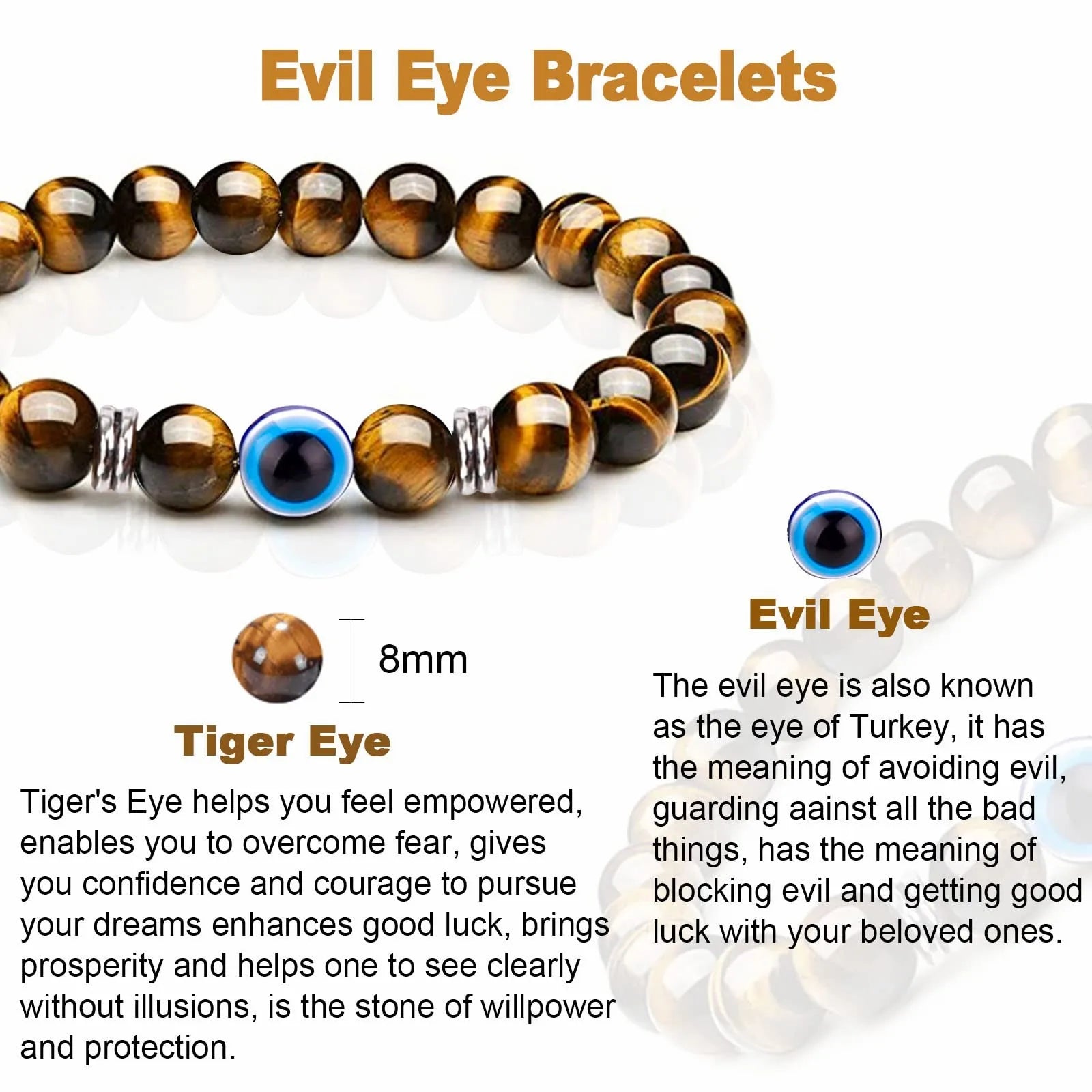 Evil Eye Bracelet for Men 8mm Tigers Eye Stone Bracelet Protection Bracelet Natural Stone Bracelet Bring Luck  Jewelry Gifts