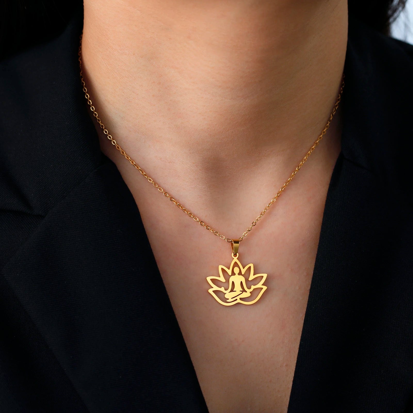 LIKGREAT Hindu Buddhism Meditation Necklace Stainless Steel Yoga Lotus Flower Necklaces Amulet Jewelry Gift