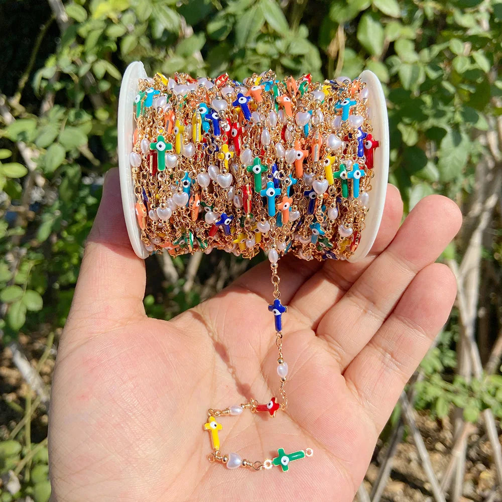 Colorful Evil Eye Beads Chains Stainless Steel Link Pearl Beaded Chains Turkey Eye Link Chain for Necklace Making Jewelry DIY