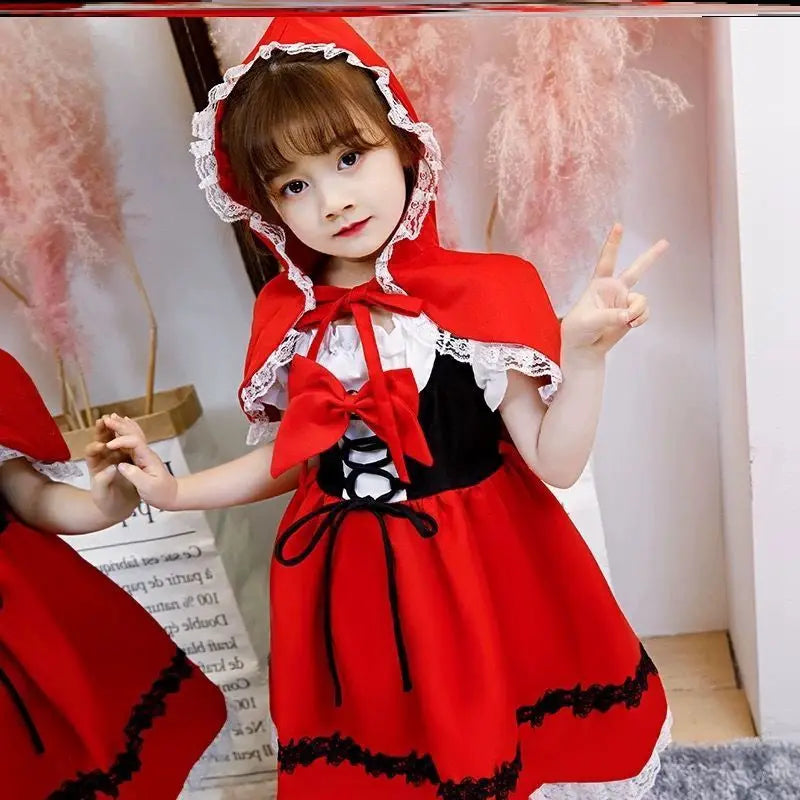 Girls Little Red Riding Hood Cosplay Children's Costume Princess Halloween Dress Headband + Pumpkin Bag Set Dresses for Girls