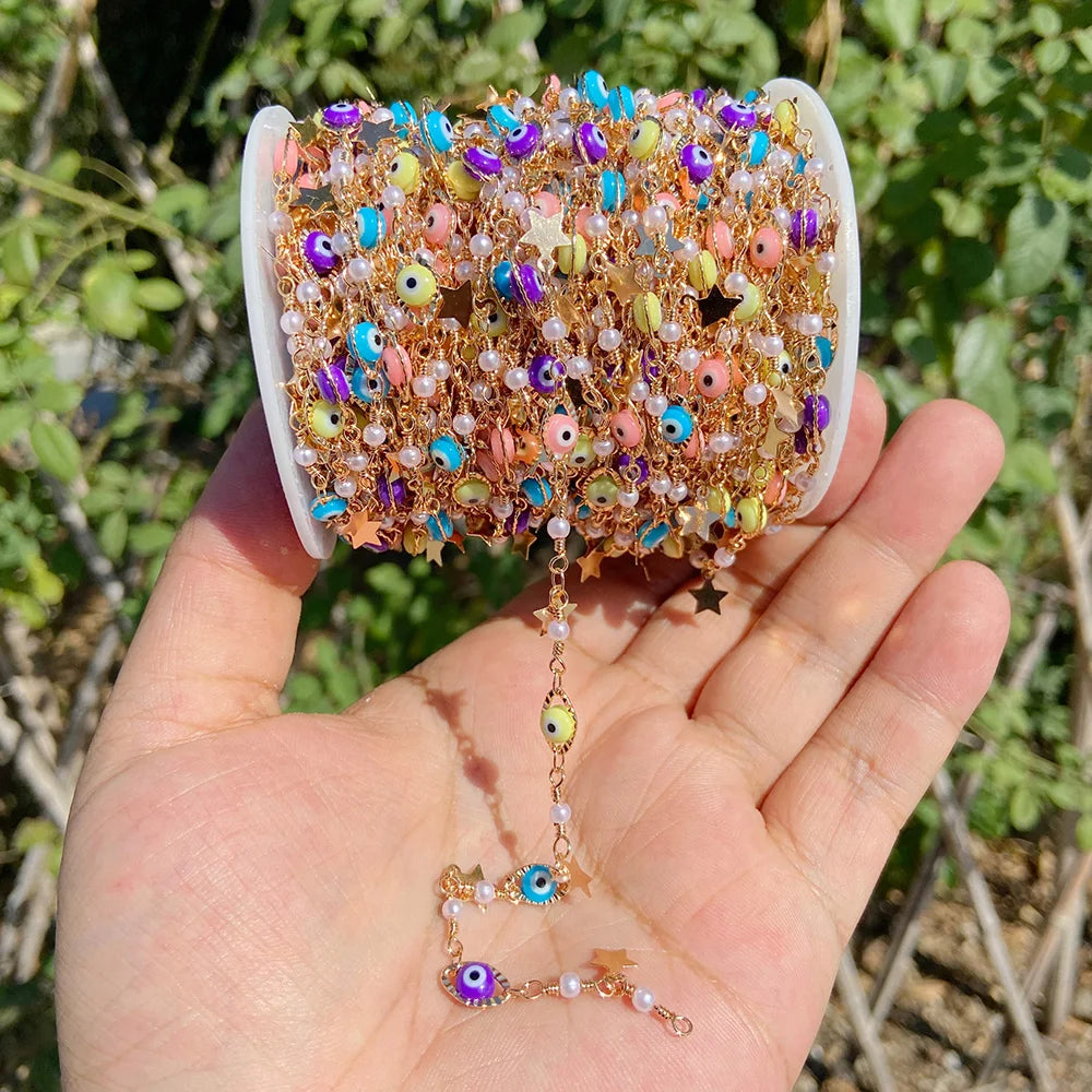 Colorful Evil Eye Beads Chains Stainless Steel Link Pearl Beaded Chains Turkey Eye Link Chain for Necklace Making Jewelry DIY