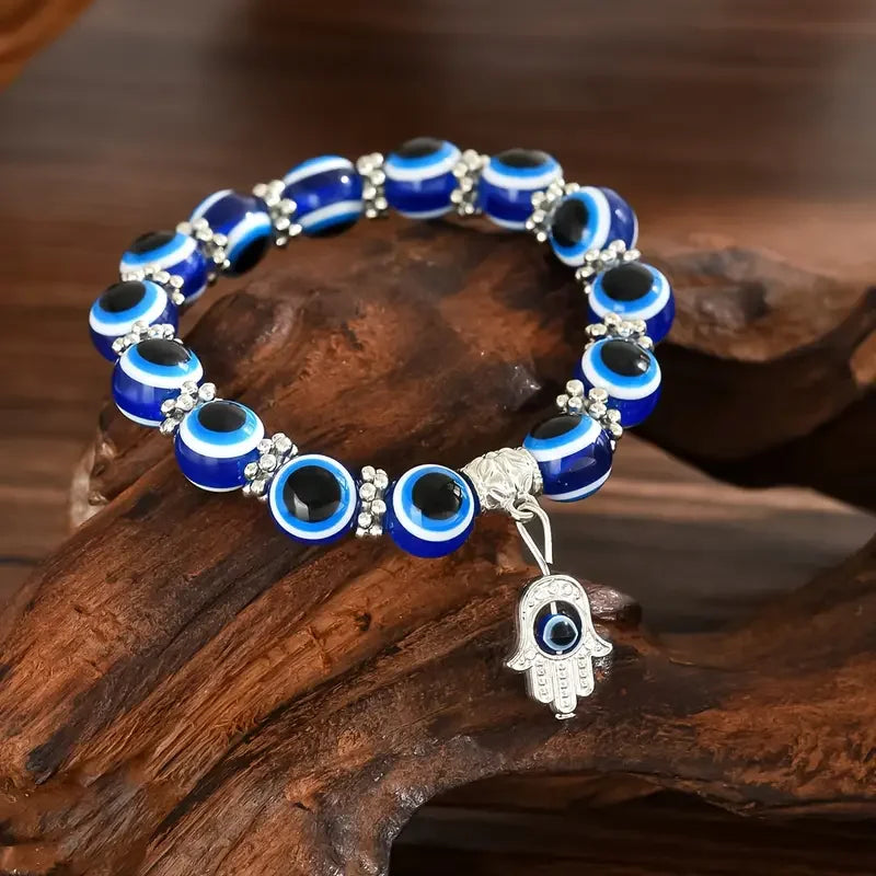 Evil Eye Beaded Bracelet w/Hand Charm | Adjustable Boho Jewelry, Blue Eyes Beaded Minimalist, Vintage Chic Everyday Wear