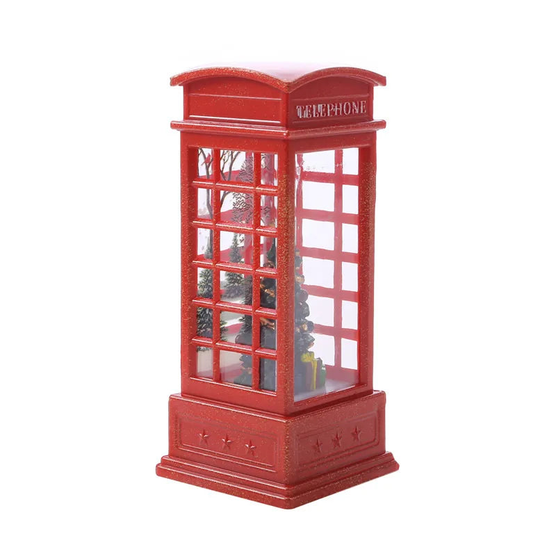 Christmas Decoration Desktop Ornament Luminous Telephone Booth With Snow Globes Spinning Water Swirling Glitter For Home Holiday