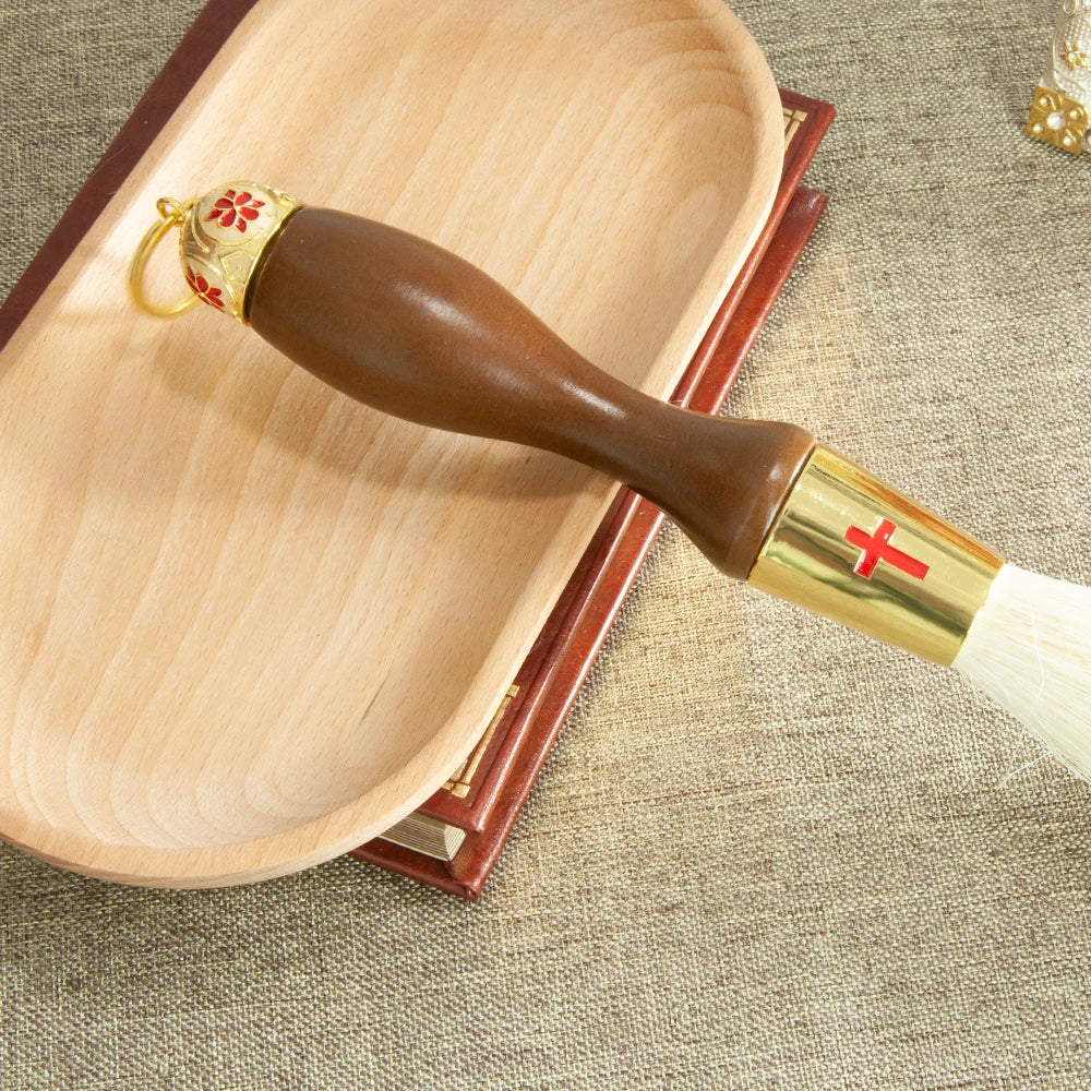 Orthodox Holy Water Brush - 15.4" Zinc Alloy Golden Ornate Design with Gem Accents, Perfect for Baptism, Weddings