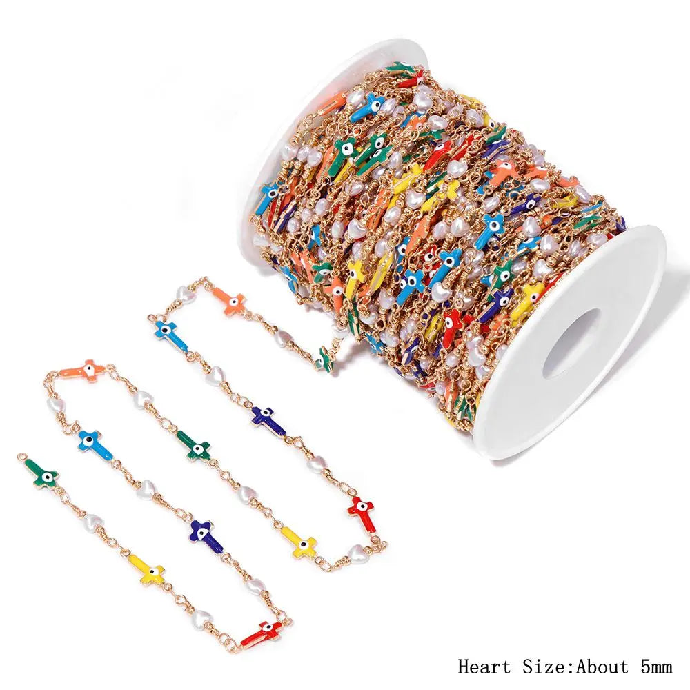 Colorful Evil Eye Beads Chains Stainless Steel Link Pearl Beaded Chains Turkey Eye Link Chain for Necklace Making Jewelry DIY