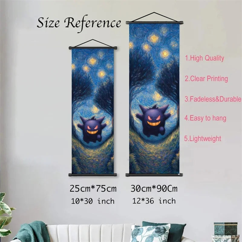 Pokemon Gengar Scroll Art Cloth Anime Characters Wall Hanging Poster Halloween Xmas Decor Fans Collection Home Gifts