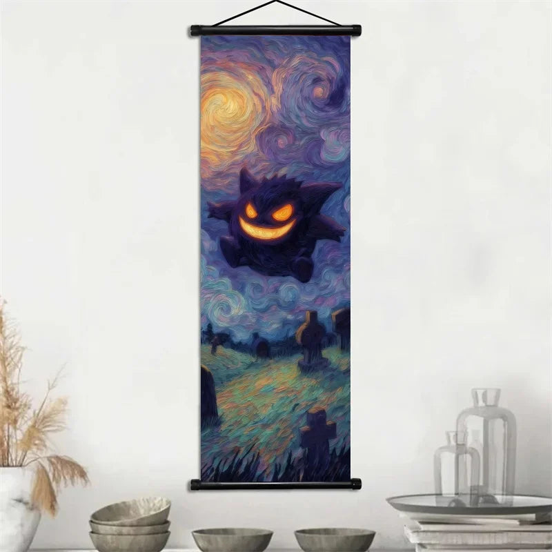 Pokemon Gengar Scroll Art Cloth Anime Characters Wall Hanging Poster Halloween Xmas Decor Fans Collection Home Gifts