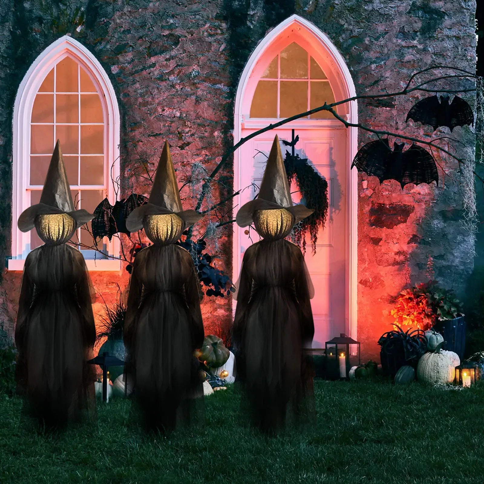 Halloween Decorations - Set Of 3 Light Up Witches Holding Hands Witches with Stakes,Glowing Witch Props Outdoor Garden Decor