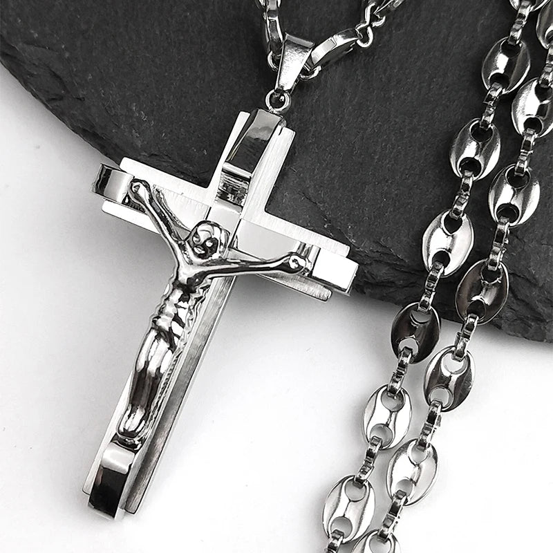 Jesus Cross Crucifix Pendant Necklace for Men Stainless Steel Gold Color Christian Coffee Bean Chain Jewelry croix chrétienne