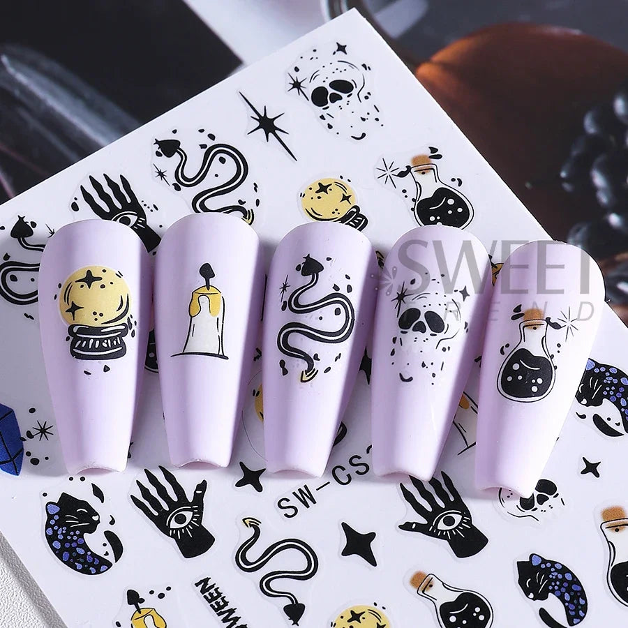 5pcs Halloween Nail Stickers Cartoon Cat Ghost Skull Hand Devil's Eye Snake Design Nail Decals Sliders DIY Manicure Decoration