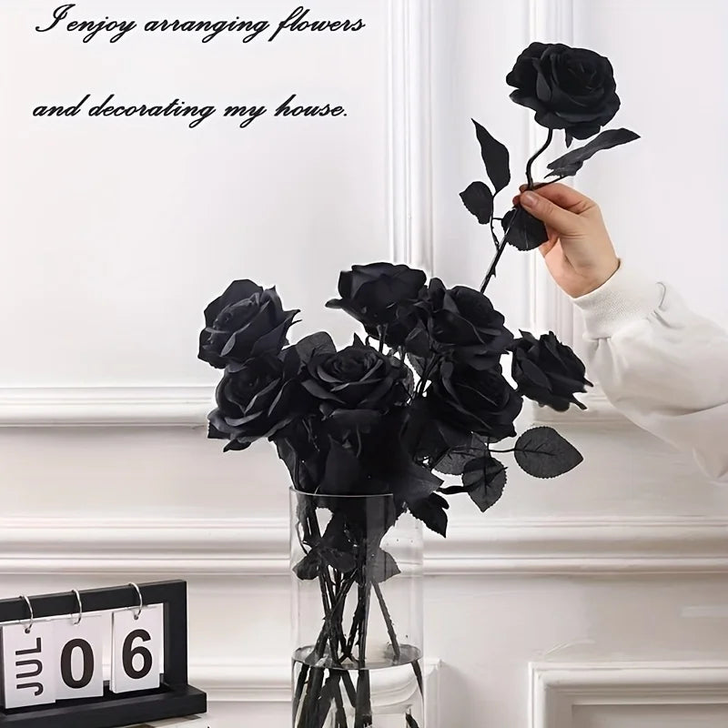 Artificial Black Roses Fake Flowers, Long Stem, with No Container, for Halloween, Home Decor, Wedding Party, Tabletop