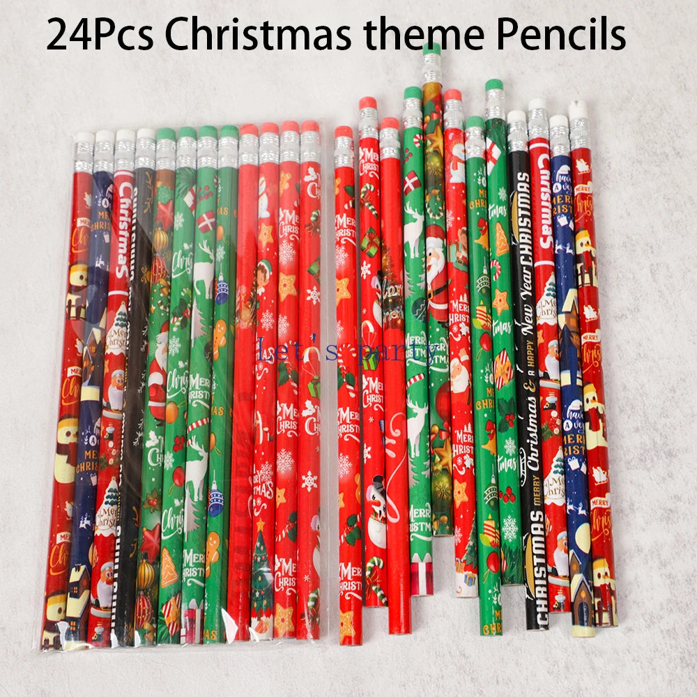 12/24Pcs Cartoon Christmas Santa Claus HB Writing Painting for Kids Christmas Theme Party Favors New Year Stationery Gift