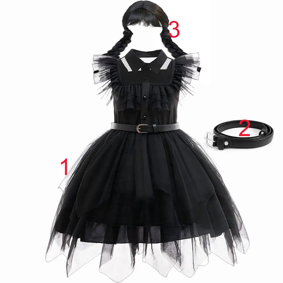 2025 Movie Weirdo Wensday Role Play Costume with Belt Wed. Season 2 Girl Prom Gown Soft Frock Gothic Black Adams Halloween Dress