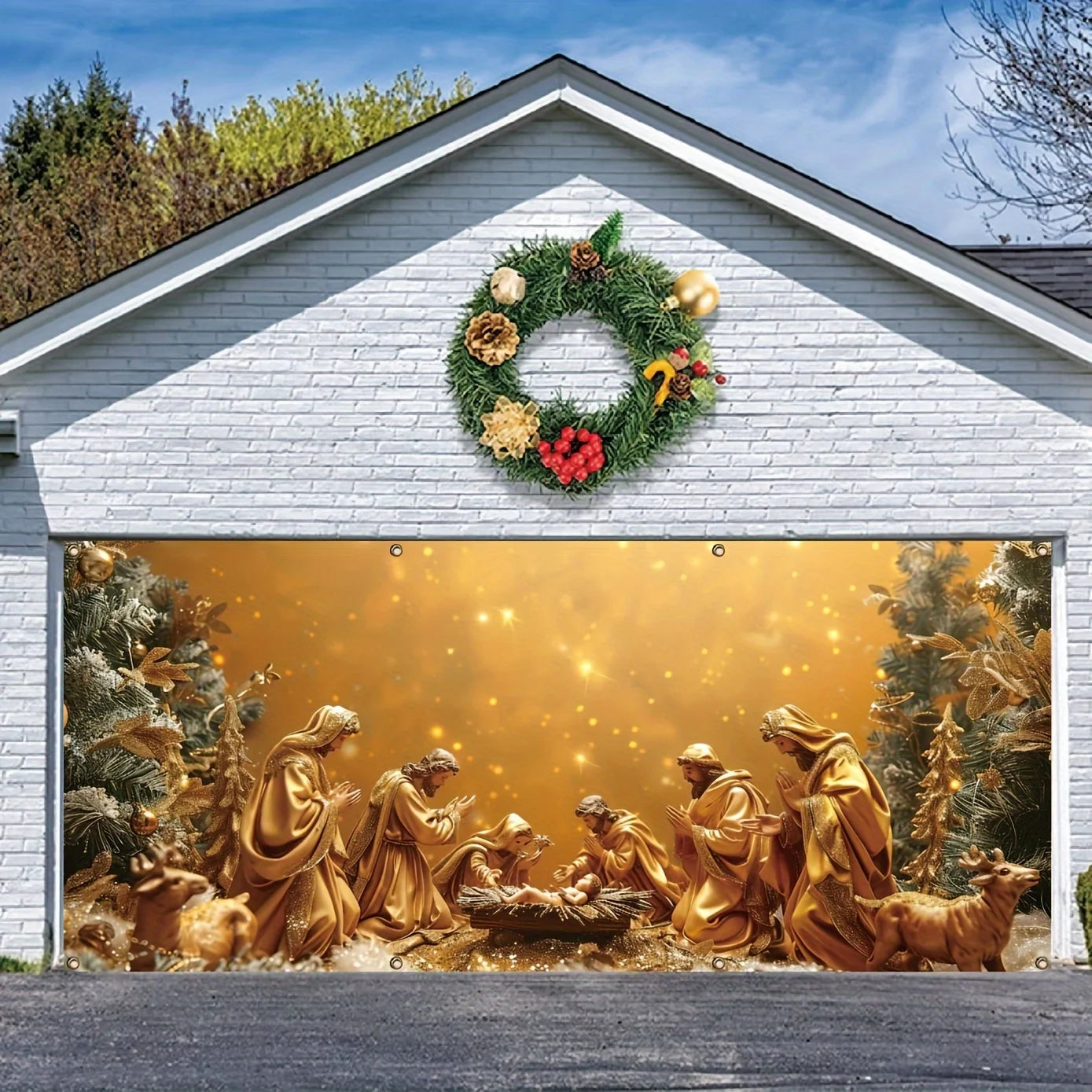 Christmas charm, Nativity scene garage banner - Outdoor holiday wall decoration, polyester background fabric