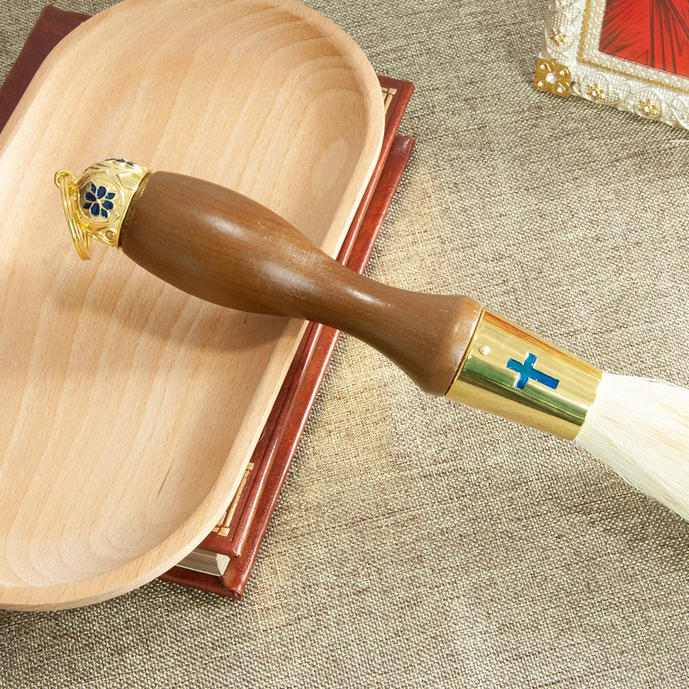 Orthodox Holy Water Brush - 15.4" Zinc Alloy Golden Ornate Design with Gem Accents, Perfect for Baptism, Weddings