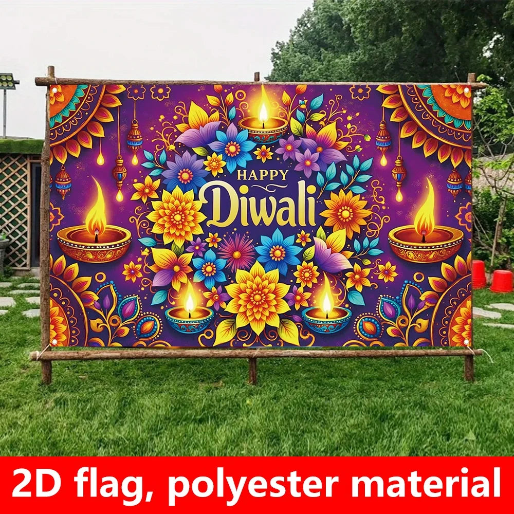 1 extra large Diwali decoration flag, dark purple background Indian festival party banner, floral pattern