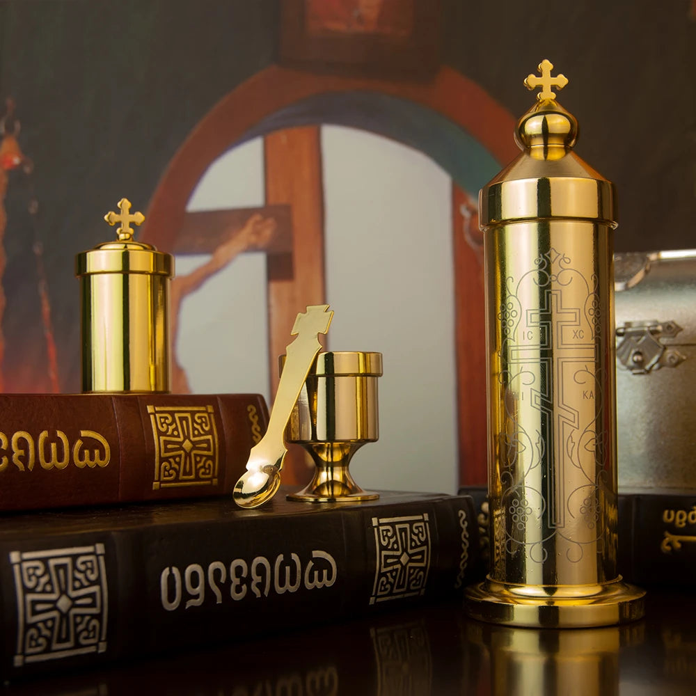 Orthodox Portable Holy Water Set, Religious Articles for Storing and Distributing Holy Water, Cross Design, Blessing Ceremony