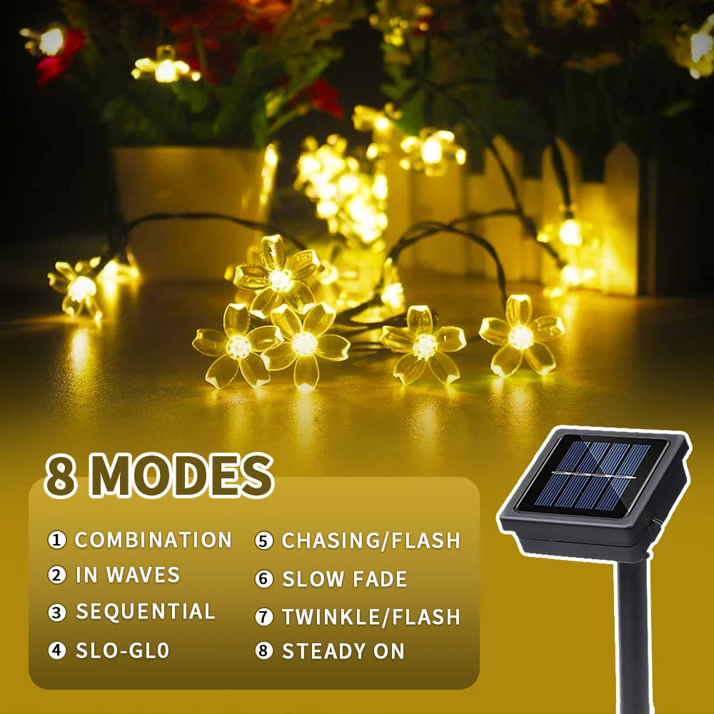 Solar decorative lights, outdoor waterproof 8 modes, cherry blossom lights, Christmas garden party decoration