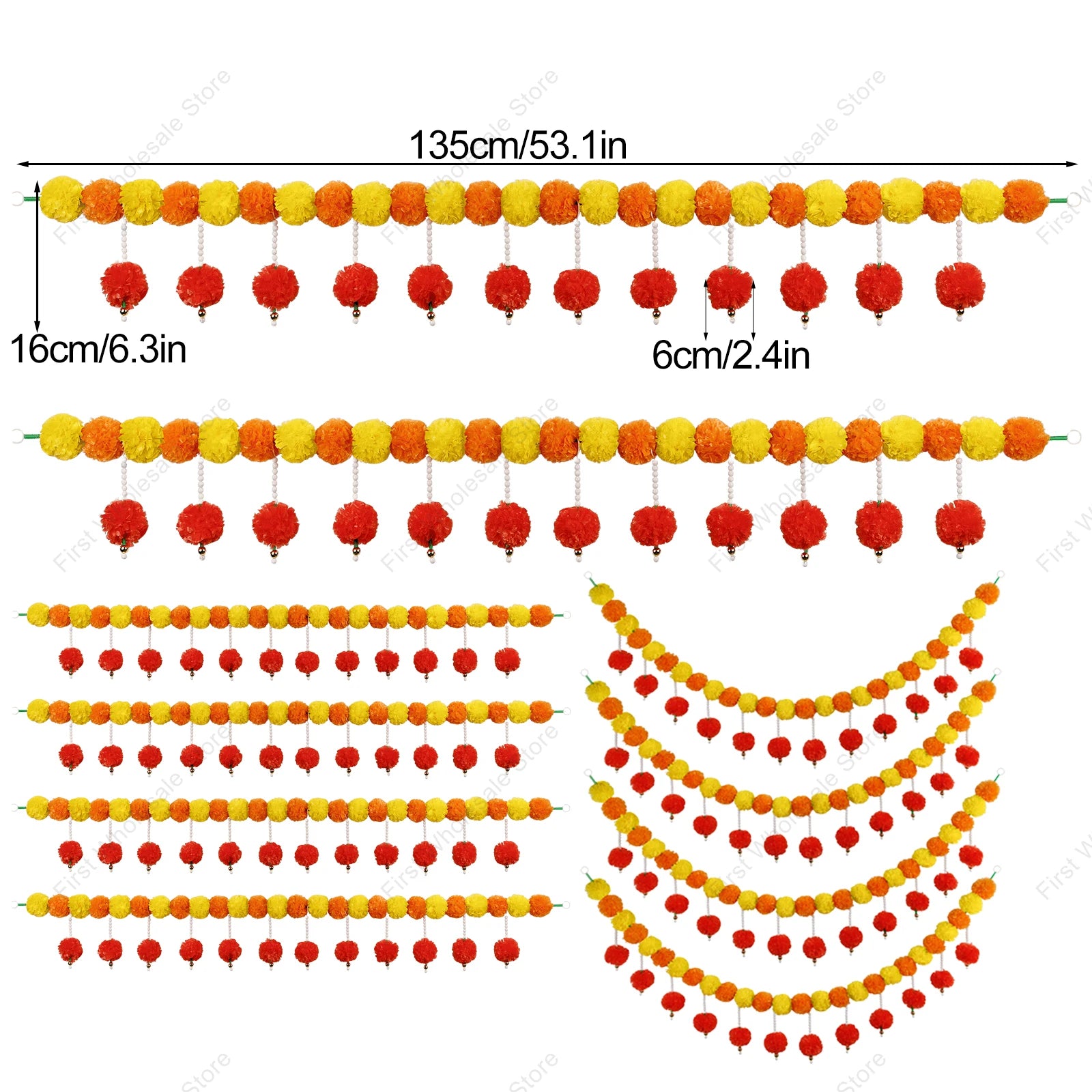 2-10pcs Marigold Flower Garland For Decoration Artificial Flower Garland Pooja, Diwali,Mexican Party ,Day of The Dead Decor
