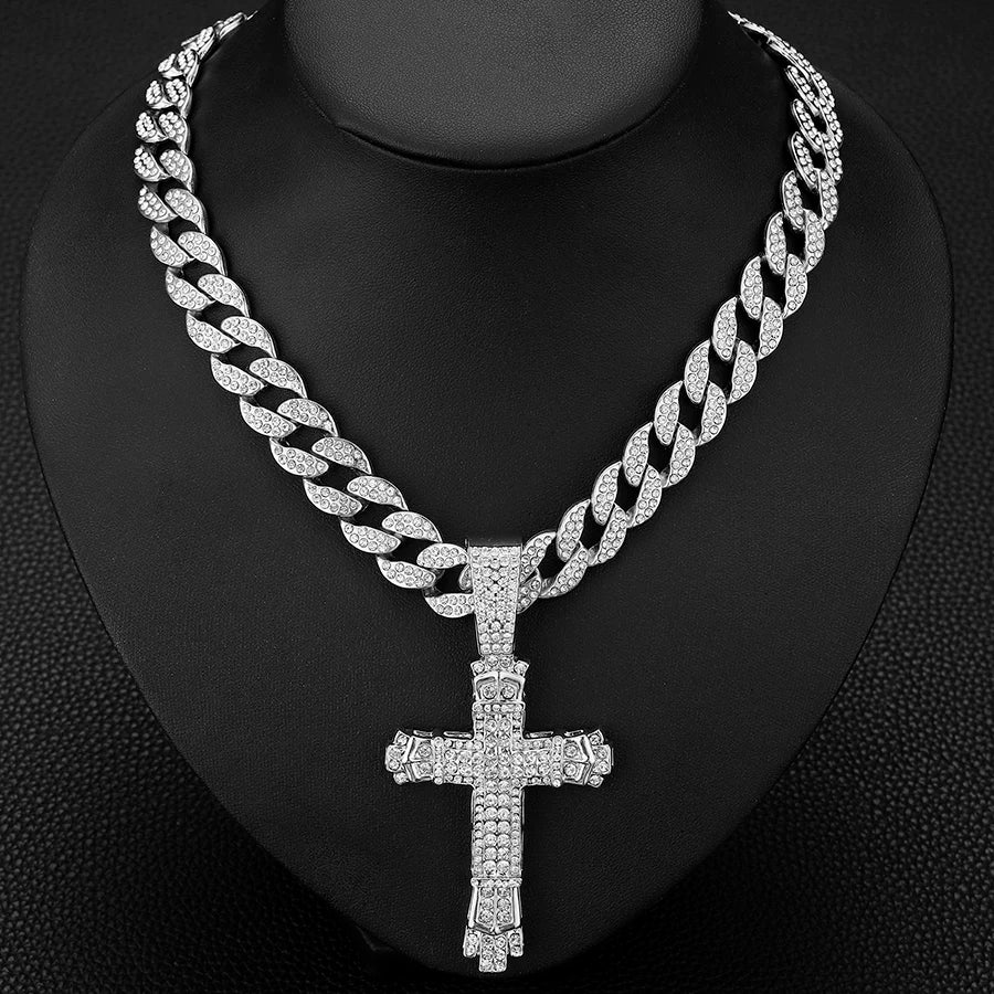 Cross Cross Pendant Necklace For Men Hip Hop Cuban Chain Bling Jewelry With Crystal Miami Cuban Chain fashion jewelry
