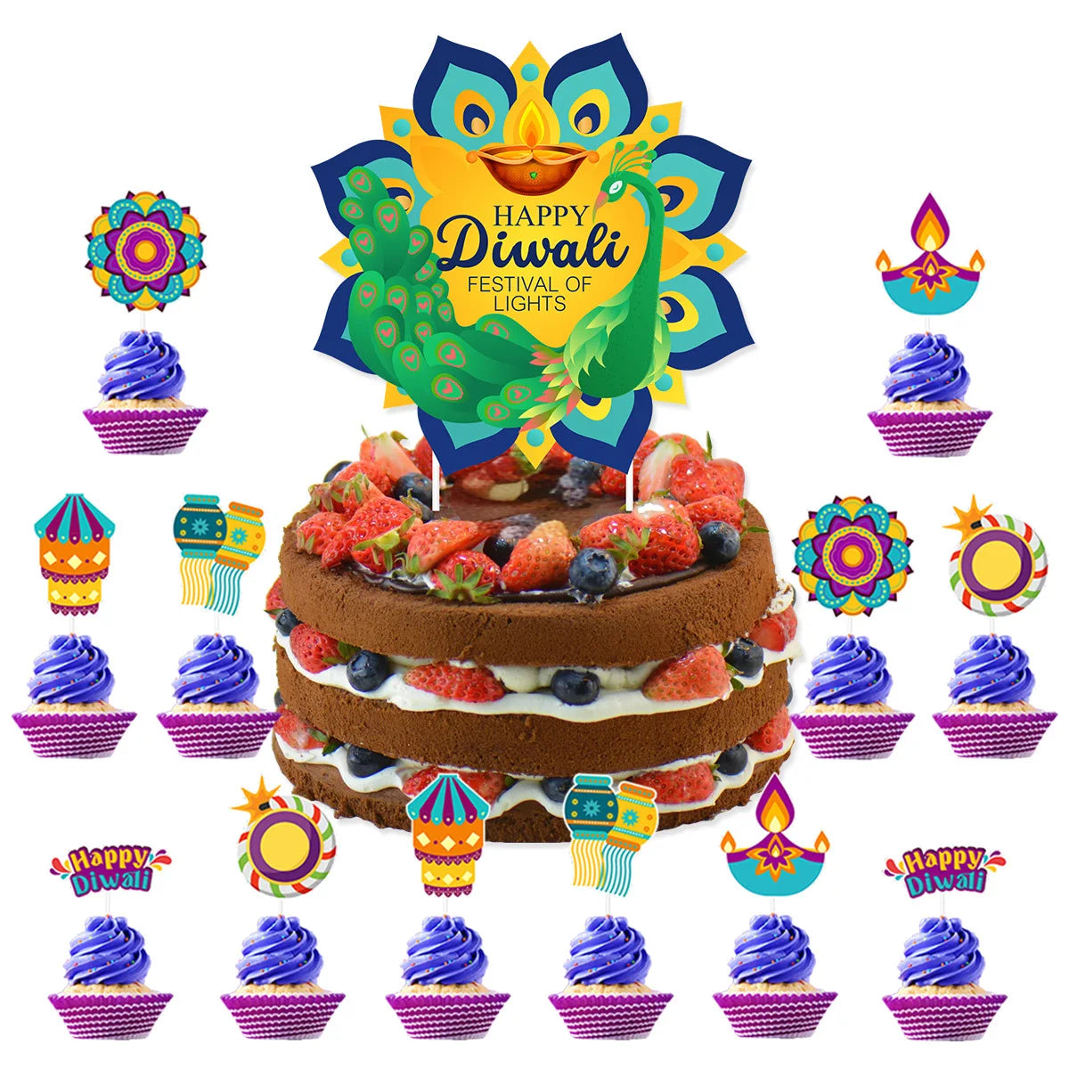 Happy Diwali Party Banner Spiral Banner Swirl Hanging Garland Cupcake Topper for India Diwali Festival Theme Party Decoration
