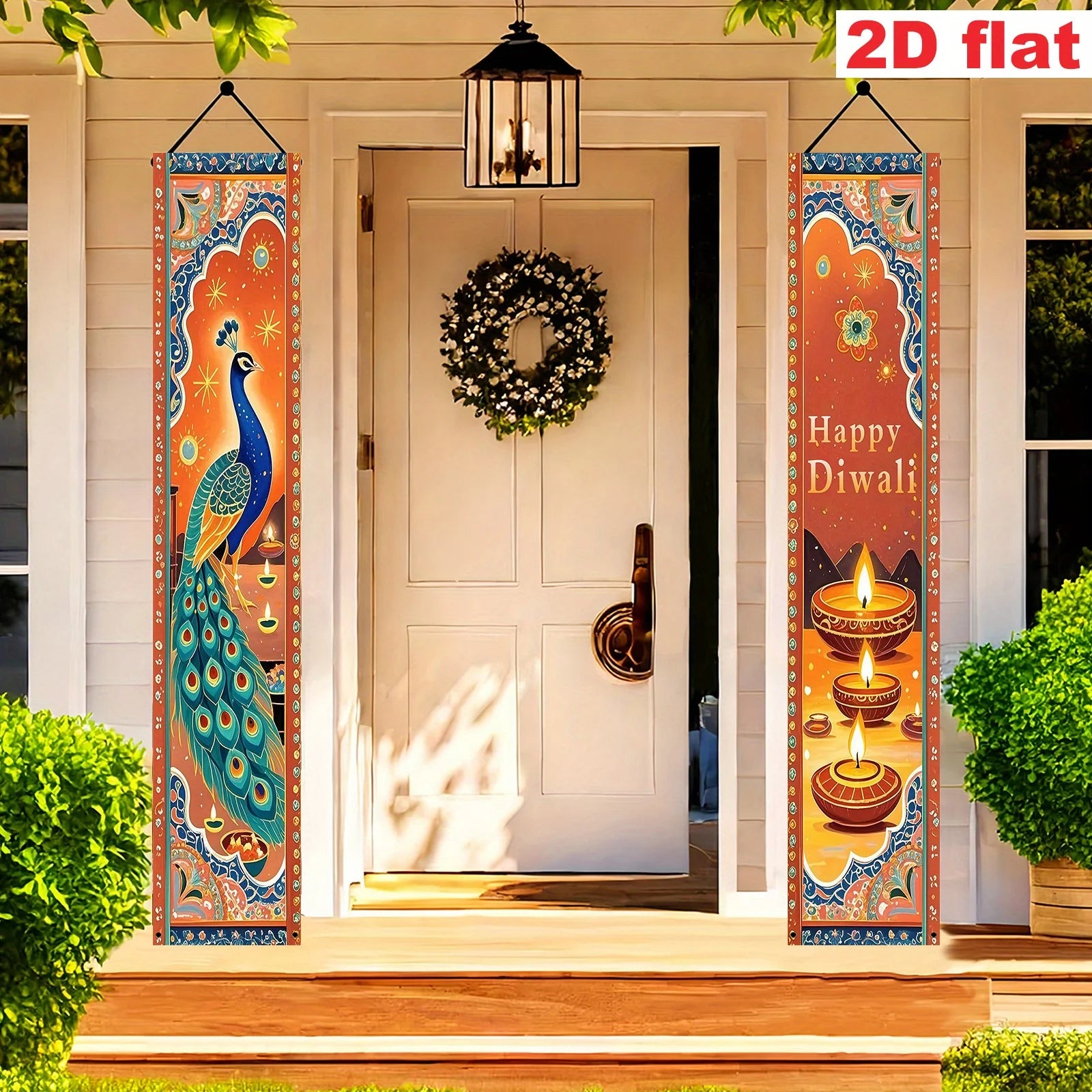 Indian Diwali Theme Decoration Welcome Door Couplets, Peacock, and Oil Lamp Decoration Design