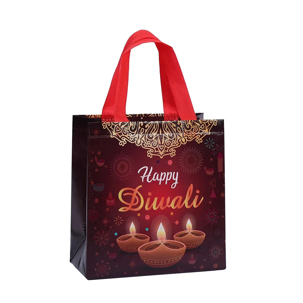 8Pcs Happy Diwali Theme Gift Packing Bag Non-Woven Shopping Tote Bag for India Diwali Festival Party Favors Bag Decoration