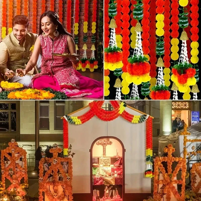 Plastic Marigold Flower Garland Artificial Festival Wreath for Diwali Celebration Day of The Dead Christmas Party Supplies