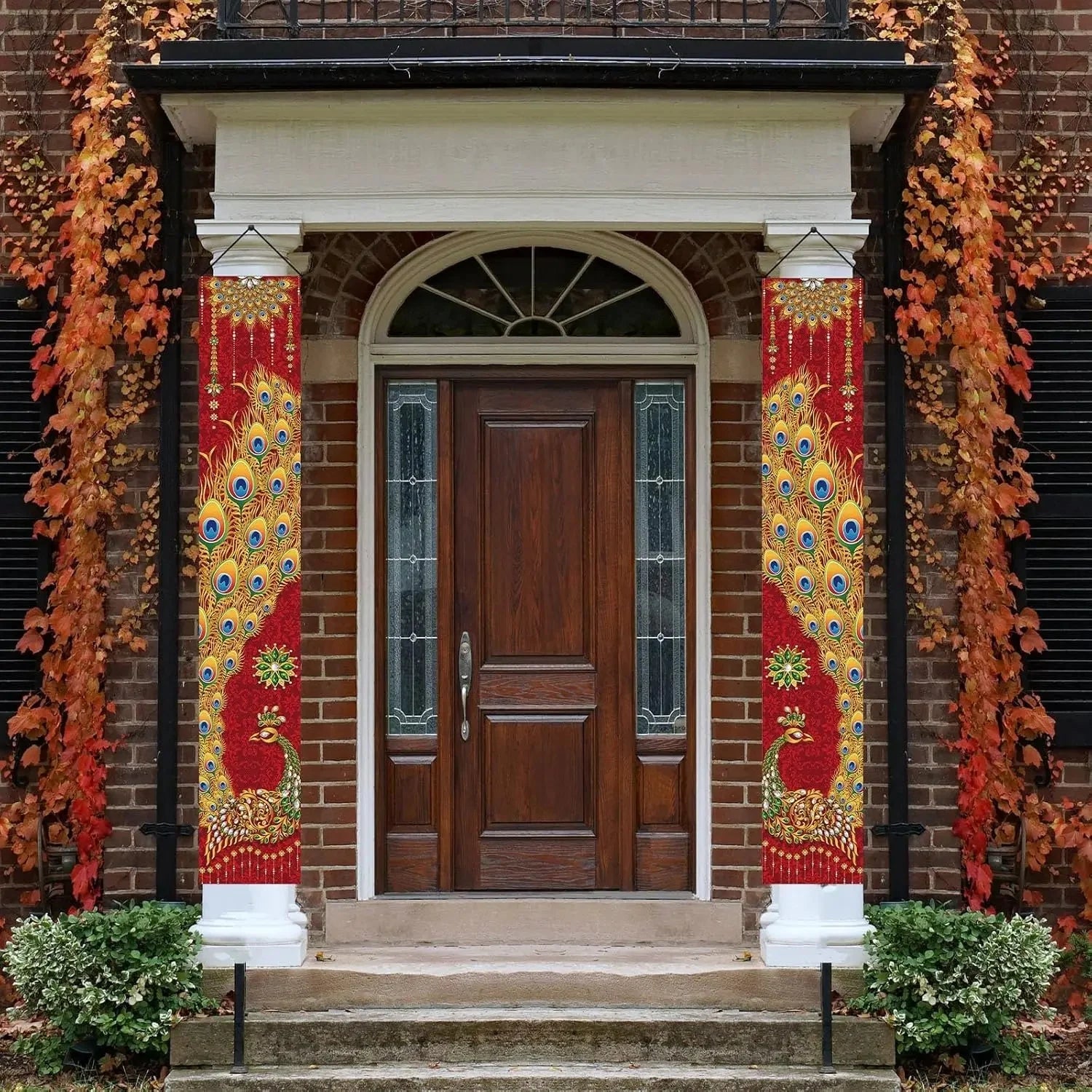 A Pair Of Diwali Porch Banners, Indian Diwali Peacock Front Door Welcome Signs, Party Decorations, Durable Polyester Fibre