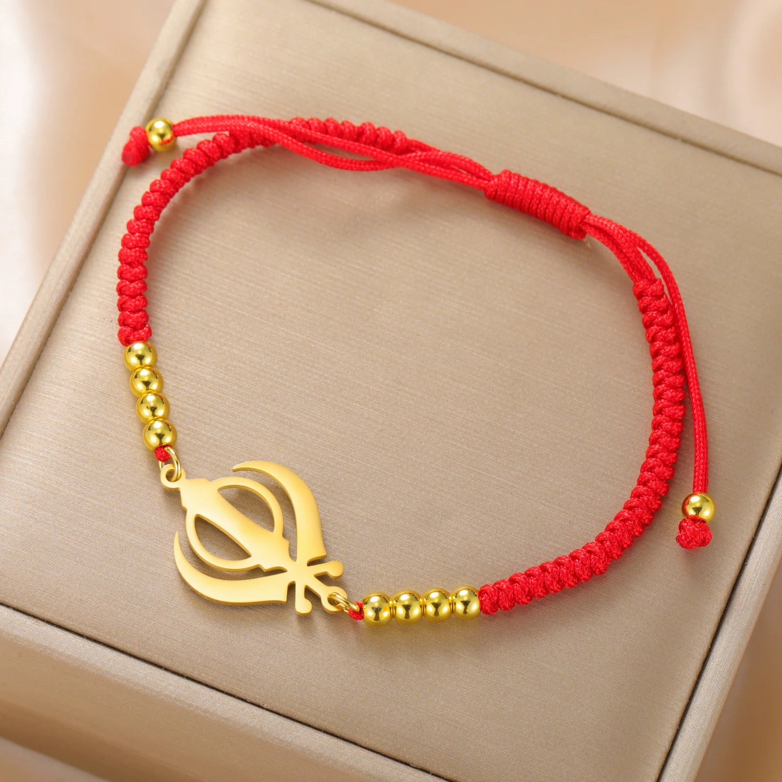 LIKGREAT Sikhism Adjustable Rope Bracelets for Women Men Stainless Steel Sikh Khanda Indian Pakistan Punjab Religious Jewelry