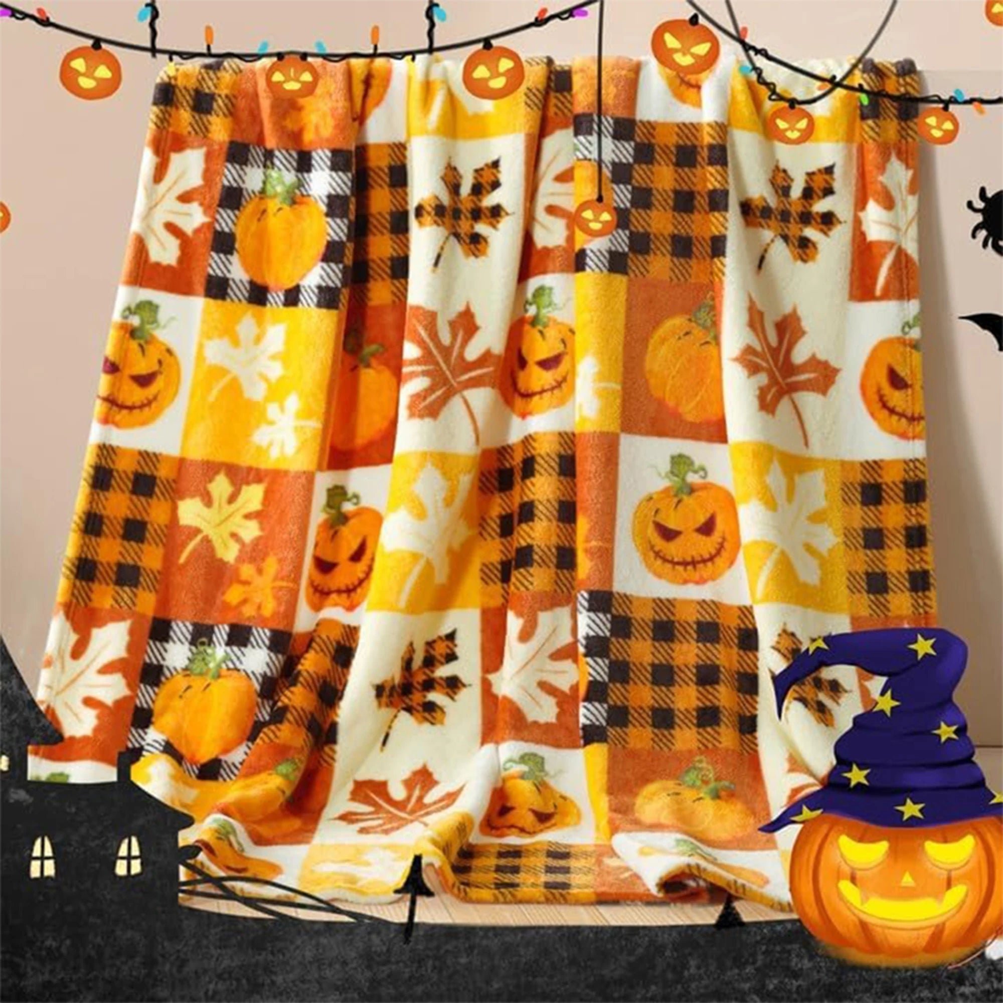 Halloween Pumpkin & Leaf Patterned Soft Fleece Blanket for Cozy Nights Flannel blanket, soft and comfortable, gift