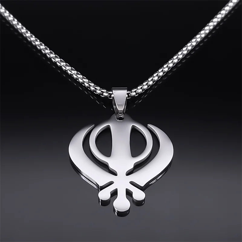 India Sikhism Symbol Necklace Pendant for Women/Men Stainless Steel Silver Color Sikh Khanda Necklaces Religious Jewelry N8090S0