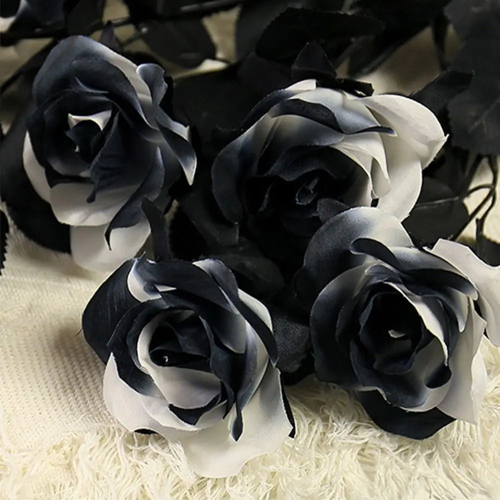 Black White Halloween Artificial Rose Flowers Soft Silk Real Touch Faux Flowers Non-Fading Gothic Simulation Flowers