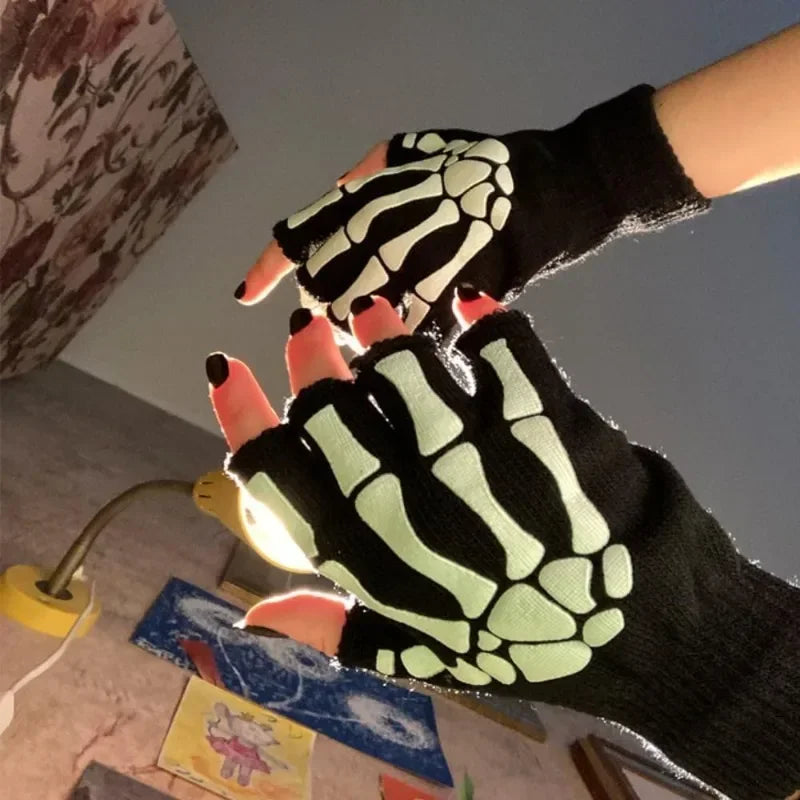 Punk Gloves Halloween Gloves Cosplay Y2k Skeleton Skull Half Finger Gloves Glow in The Dark Stretch Knitted Winter Mittens Adult