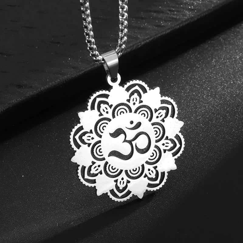 Stainless Steel Indian Religious Mandala Lotus Symbol Necklace Men Women Yoga Om Casual Jewelry
