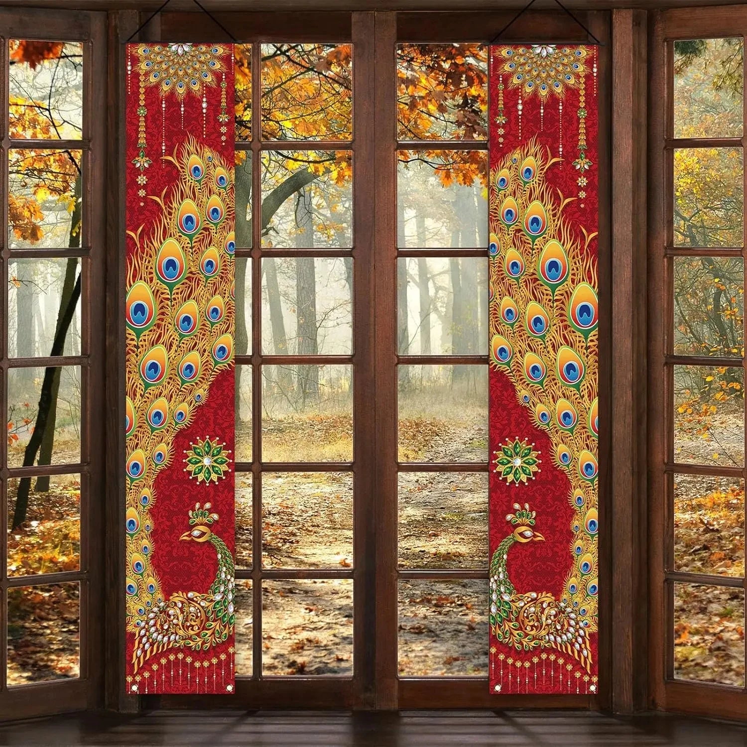 A Pair Of Diwali Porch Banners, Indian Diwali Peacock Front Door Welcome Signs, Party Decorations, Durable Polyester Fibre